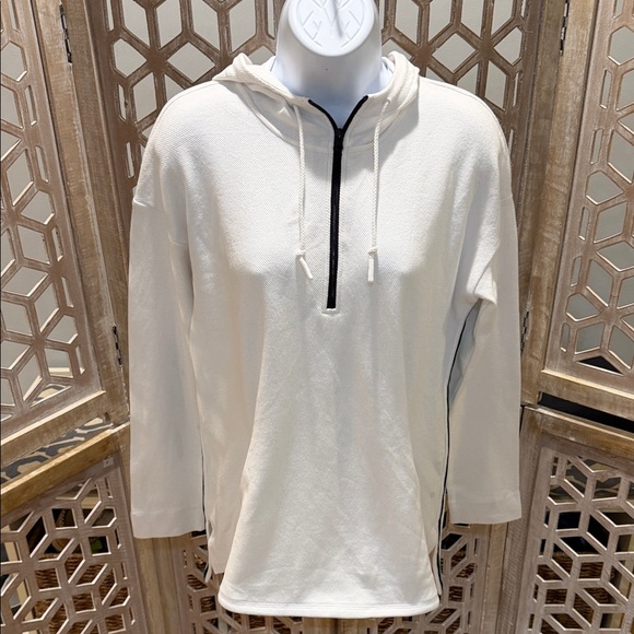 T by Talbots HOODED HALF-ZIP PIQUÉ PULLOVER White with Teal & Black Stripe Med - Picture 2 of 9